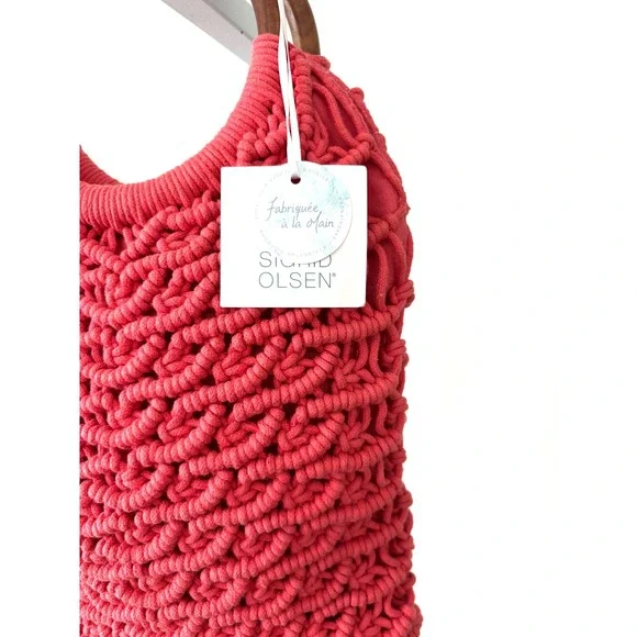 Sigrid Olsen Handcrafted Coral Crochet Tote Wooden Handles Resort Bag Lined NWT - Picture 4 of 16